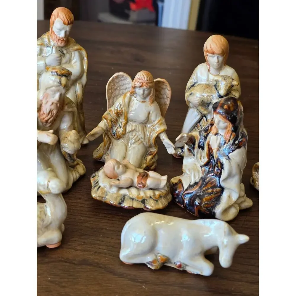 Vintage Nativity Scene Figurines 9-Piece Set Hand-Painted Ceramic Religious Chri